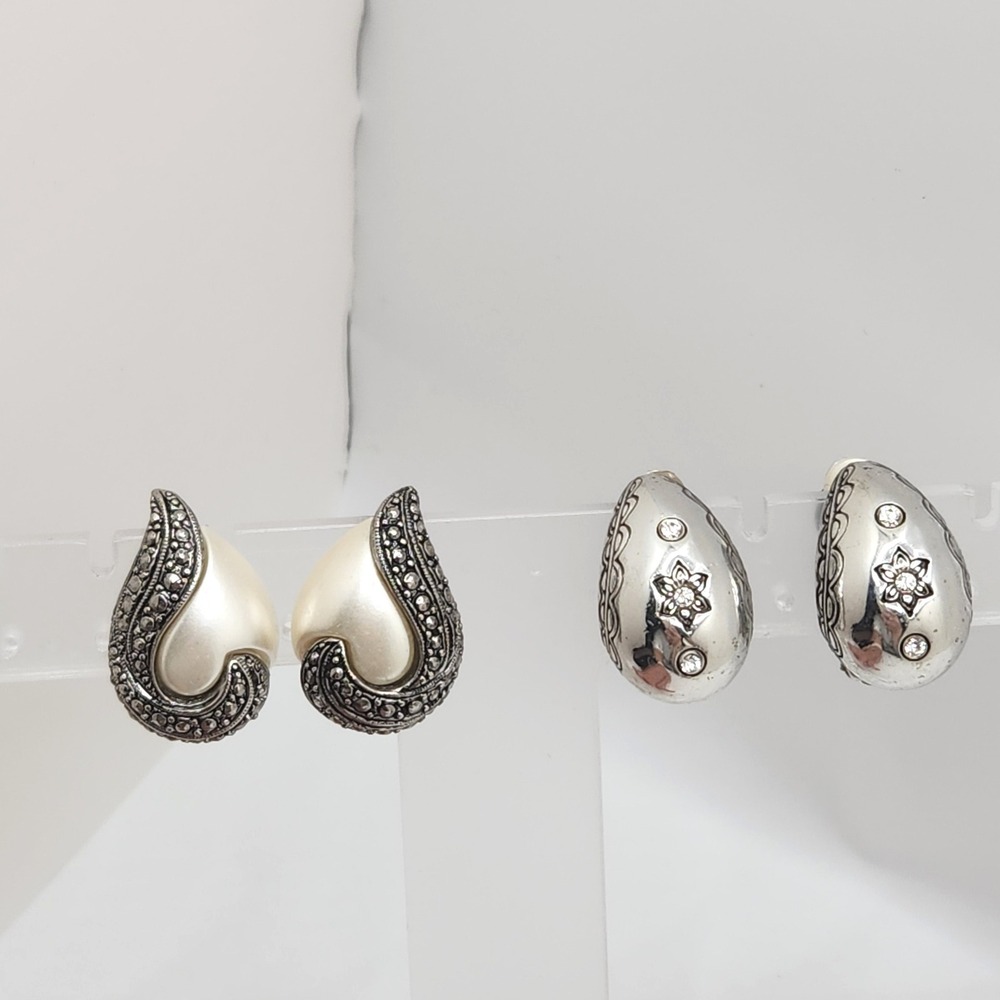 Vintage Statement Heart Floral Silver Tone Clip On Earrings Modernist MCM